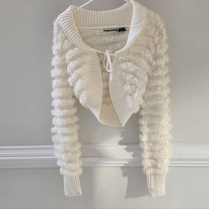 De Rotchild Rabbit Fur Tied Bolero Shrug Cardigan In White/cream